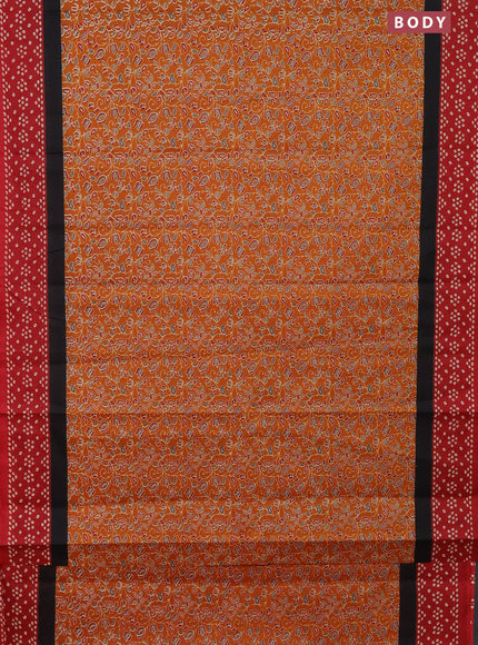 Muslin cotton saree mustard yellow and maroon with kalamkari prints and printed border
