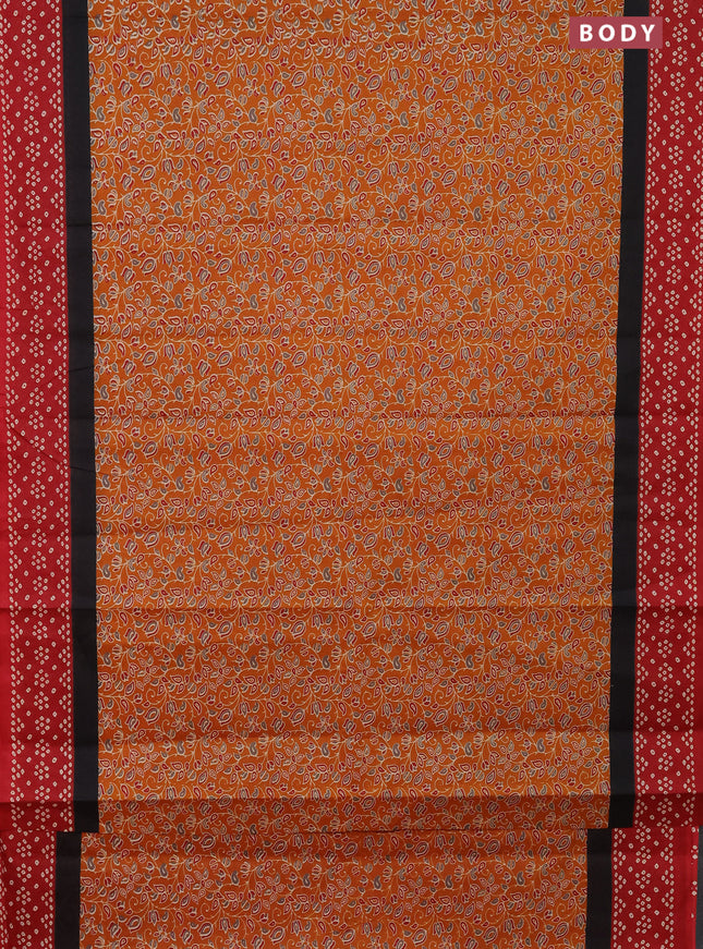 Muslin cotton saree mustard yellow and maroon with kalamkari prints and printed border