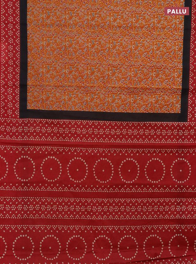 Muslin cotton saree mustard yellow and maroon with kalamkari prints and printed border