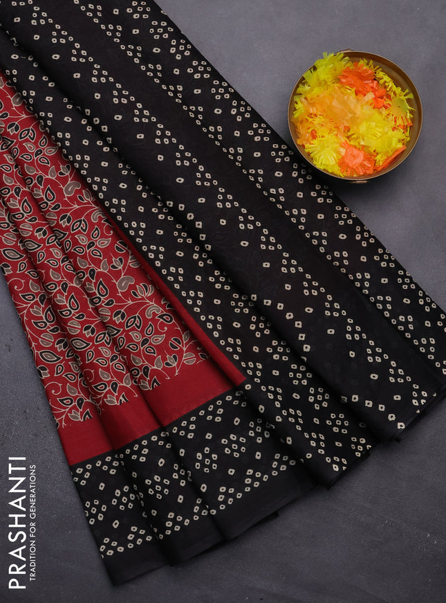 Muslin cotton saree maroon and black with kalamkari prints and printed border