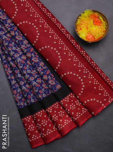 Muslin cotton saree navy blue and maroon with kalamkari prints and printed border