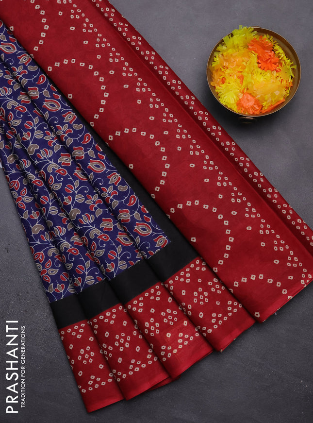 Muslin cotton saree navy blue and maroon with kalamkari prints and printed border