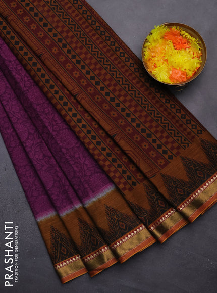 Muslin cotton saree purple and dark mustard with allover prints and zari woven border