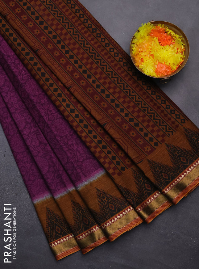 Muslin cotton saree purple and dark mustard with allover prints and zari woven border