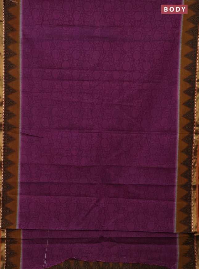 Muslin cotton saree purple and dark mustard with allover prints and zari woven border