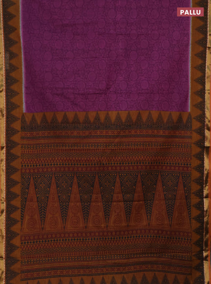 Muslin cotton saree purple and dark mustard with allover prints and zari woven border