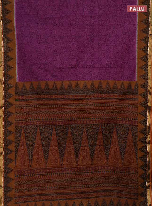 Muslin cotton saree purple and dark mustard with allover prints and zari woven border