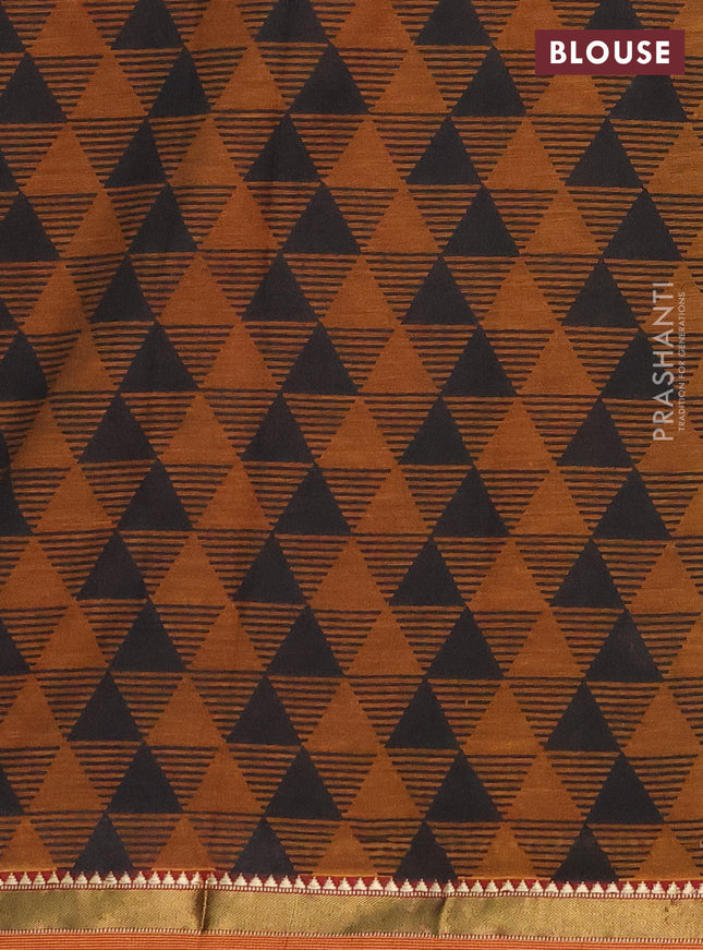 Muslin cotton saree purple and dark mustard with allover prints and zari woven border