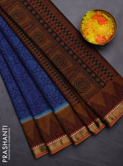 Muslin cotton saree blue and dark mustard with allover prints and zari woven border