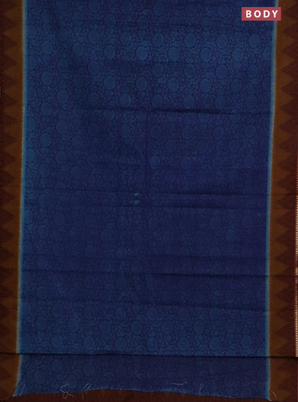 Muslin cotton saree blue and dark mustard with allover prints and zari woven border