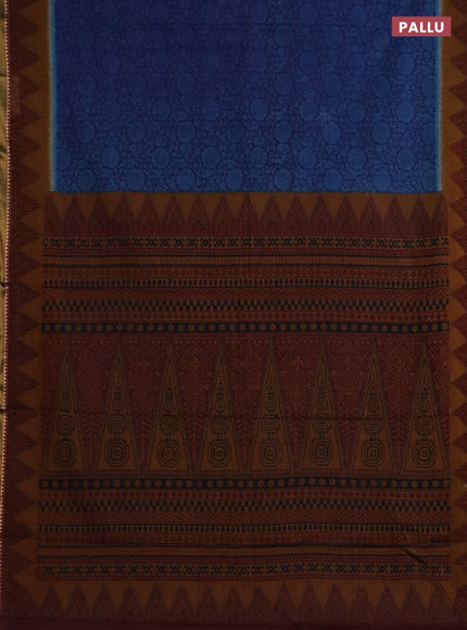 Muslin cotton saree blue and dark mustard with allover prints and zari woven border