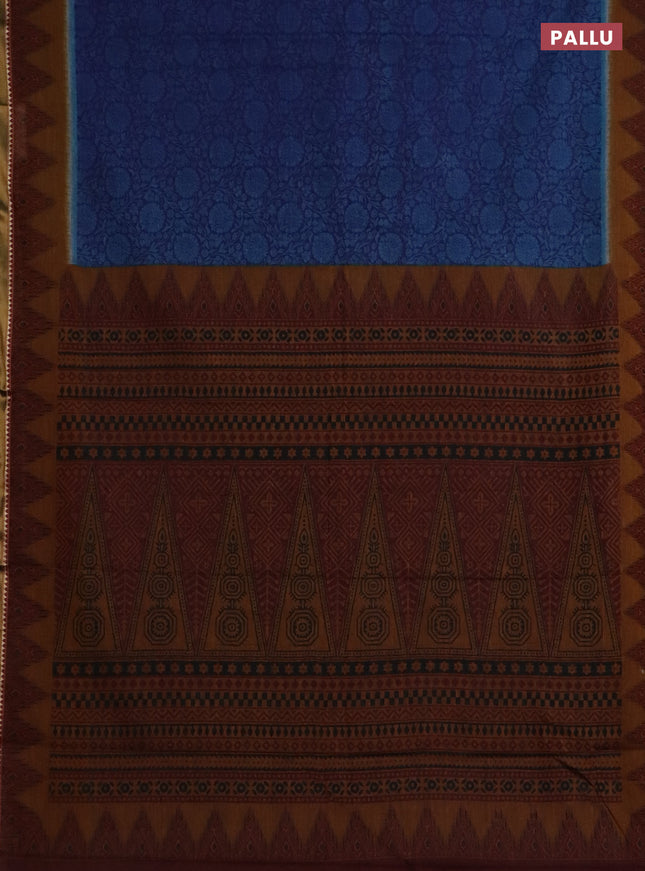 Muslin cotton saree blue and dark mustard with allover prints and zari woven border