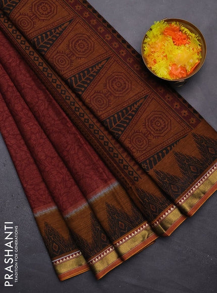 Muslin cotton saree maroon and dark mustard with allover prints and zari woven border