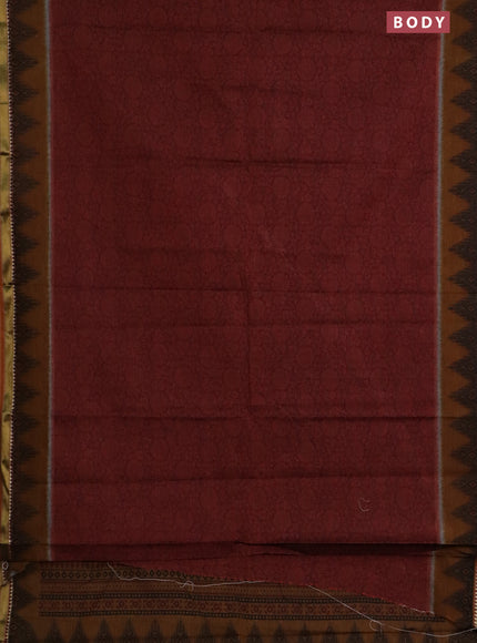 Muslin cotton saree maroon and dark mustard with allover prints and zari woven border