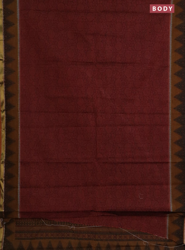 Muslin cotton saree maroon and dark mustard with allover prints and zari woven border