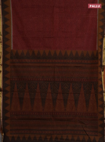 Muslin cotton saree maroon and dark mustard with allover prints and zari woven border