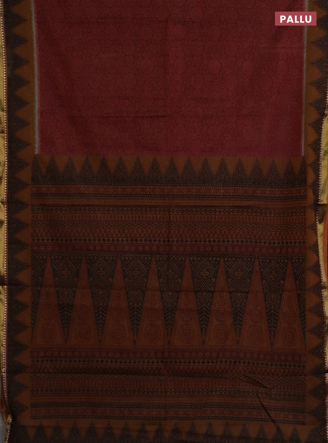Muslin cotton saree maroon and dark mustard with allover prints and zari woven border