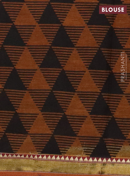 Muslin cotton saree maroon and dark mustard with allover prints and zari woven border