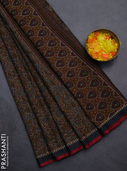 Muslin cotton saree mustard and grey with allover prints and woven border