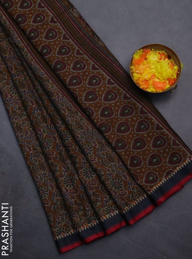 Muslin cotton saree mustard and grey with allover prints and woven border