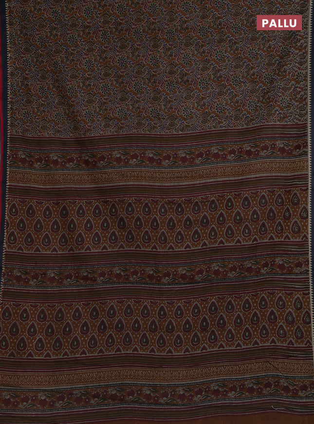 Muslin cotton saree mustard and grey with allover prints and woven border