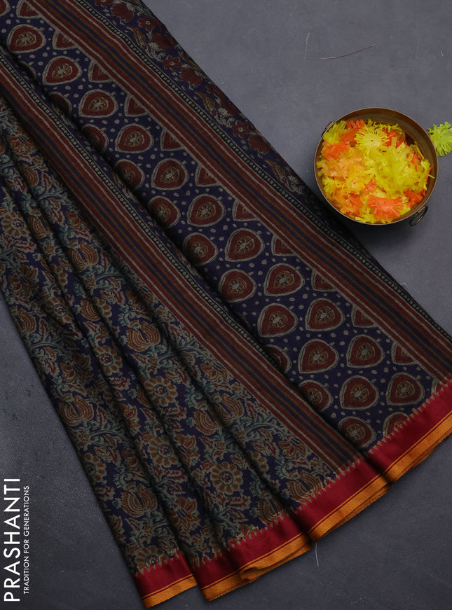 Muslin cotton saree blue and grey with allover prints and woven border