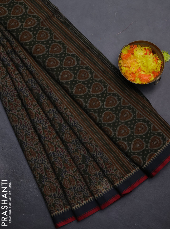 Muslin cotton saree green and grey with allover prints and woven border