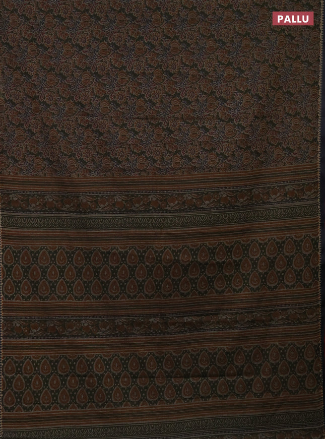 Muslin cotton saree green and grey with allover prints and woven border