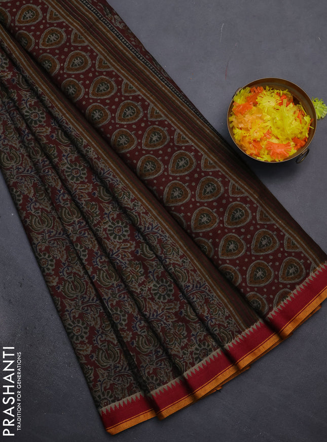 Muslin cotton saree maroon and grey with allover prints and woven border