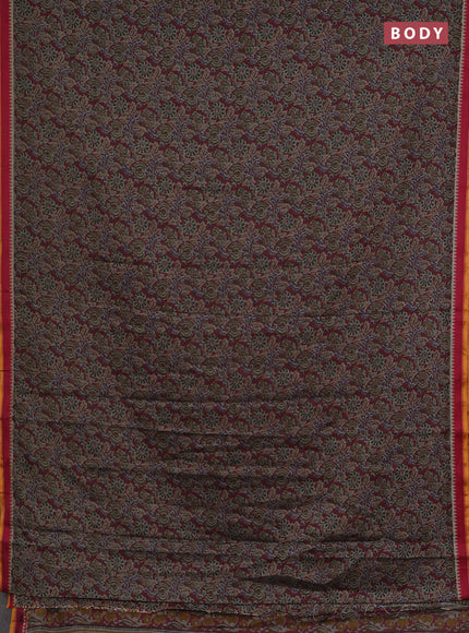 Muslin cotton saree maroon and grey with allover prints and woven border