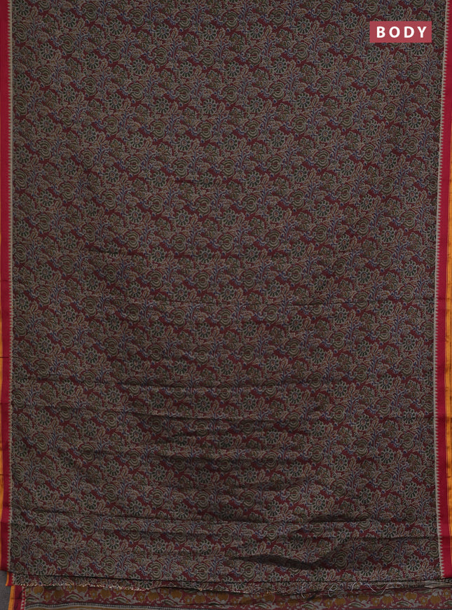 Muslin cotton saree maroon and grey with allover prints and woven border