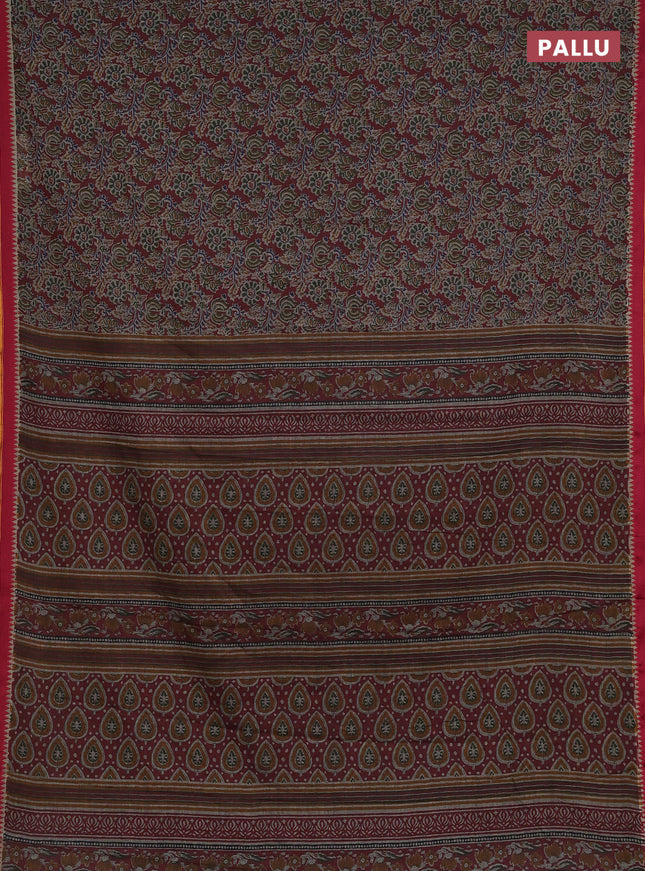 Muslin cotton saree maroon and grey with allover prints and woven border
