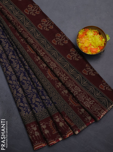 Muslin cotton saree blue and maroon with allover kalamkari prints and printed border