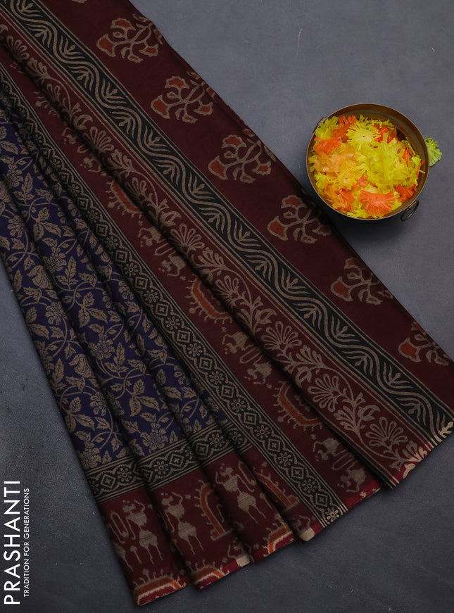 Muslin cotton saree blue and maroon with allover kalamkari prints and printed border