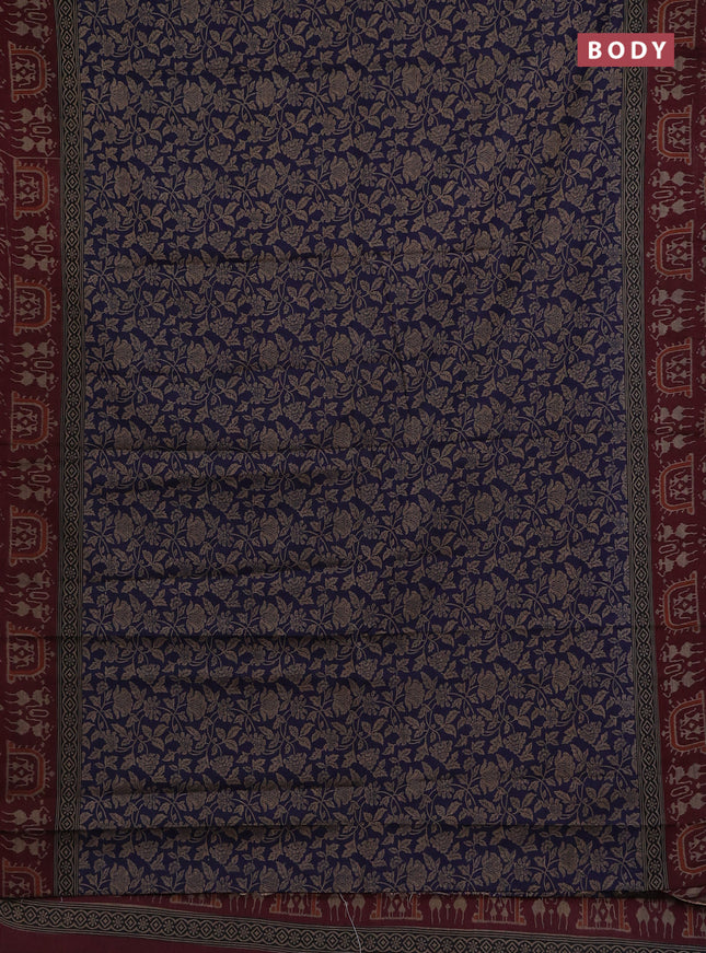 Muslin cotton saree blue and maroon with allover kalamkari prints and printed border