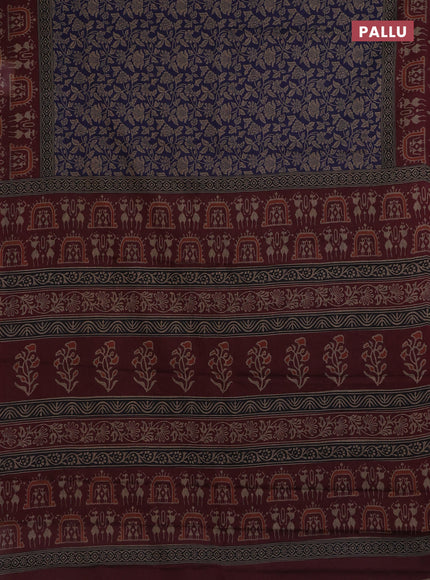 Muslin cotton saree blue and maroon with allover kalamkari prints and printed border
