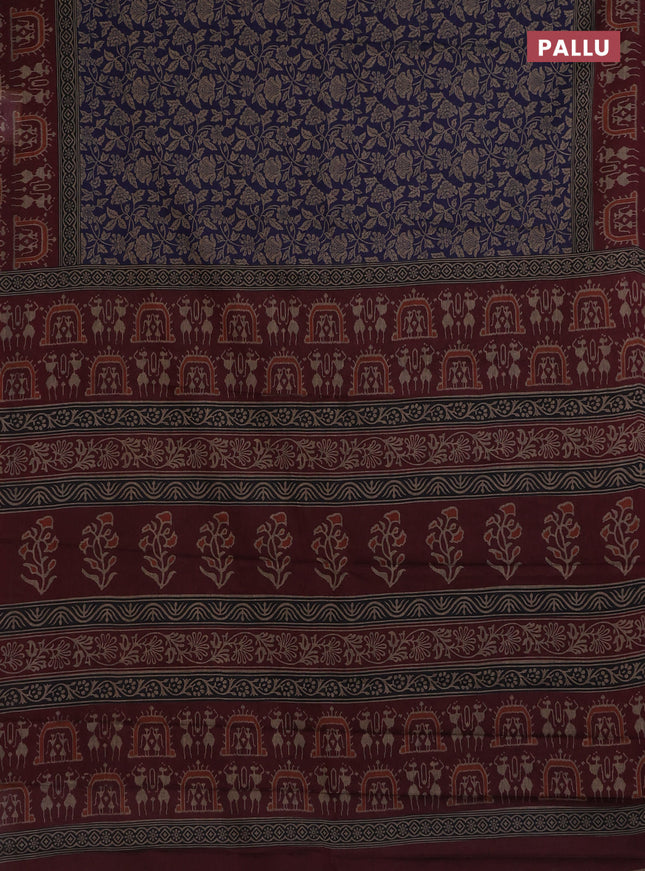 Muslin cotton saree blue and maroon with allover kalamkari prints and printed border