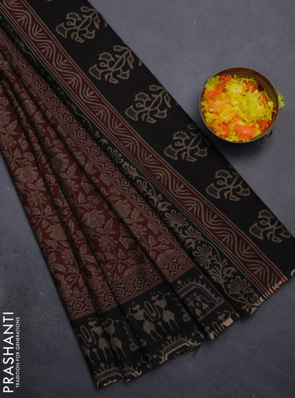 Muslin cotton saree maroon and black with allover kalamkari prints and printed border