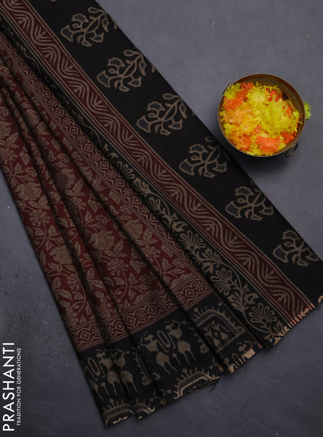 Muslin cotton saree maroon and black with allover kalamkari prints and printed border