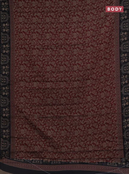 Muslin cotton saree maroon and black with allover kalamkari prints and printed border