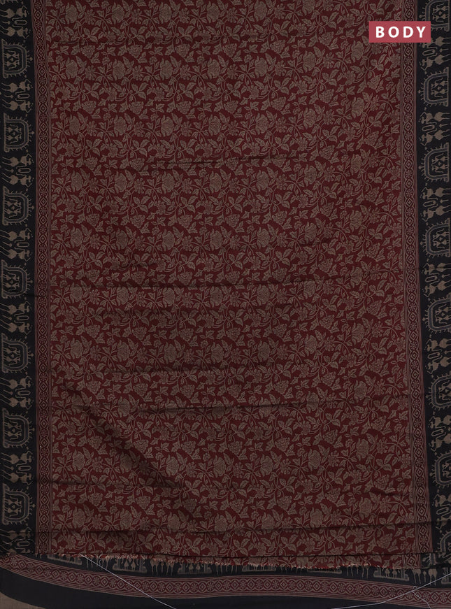 Muslin cotton saree maroon and black with allover kalamkari prints and printed border