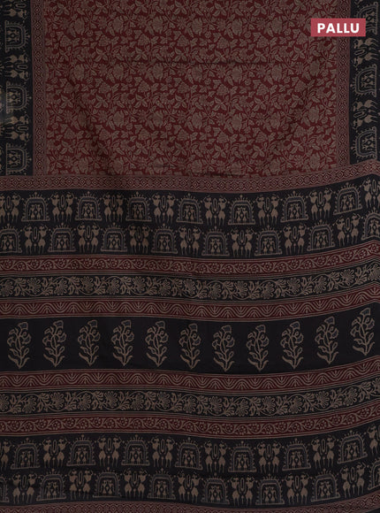 Muslin cotton saree maroon and black with allover kalamkari prints and printed border