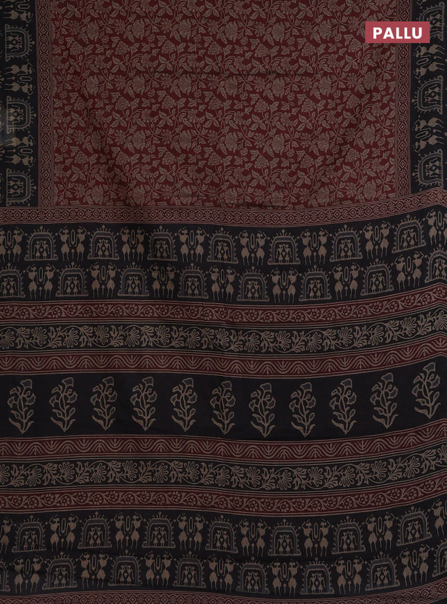 Muslin cotton saree maroon and black with allover kalamkari prints and printed border