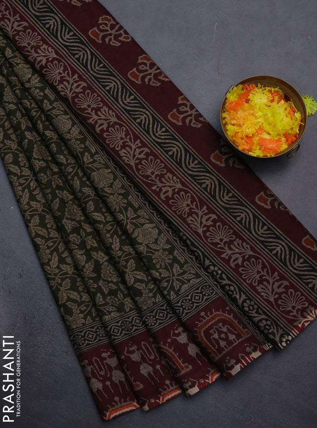 Muslin cotton saree sap green and maroon with allover kalamkari prints and printed border
