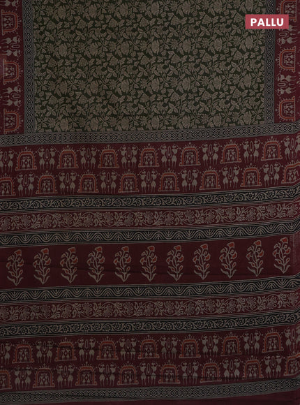 Muslin cotton saree sap green and maroon with allover kalamkari prints and printed border