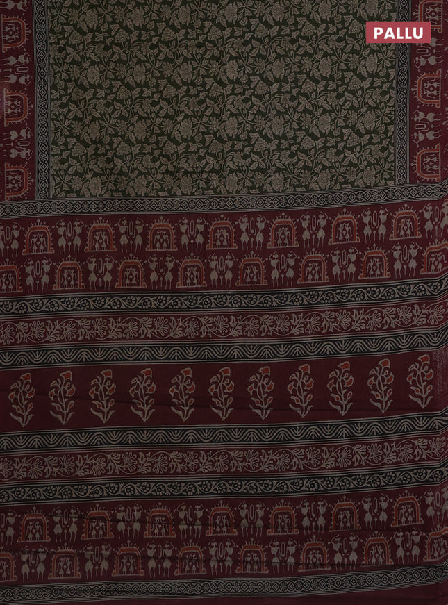 Muslin cotton saree sap green and maroon with allover kalamkari prints and printed border