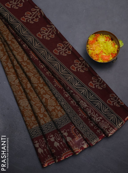 Muslin cotton saree mustard and maroon with allover kalamkari prints and printed border