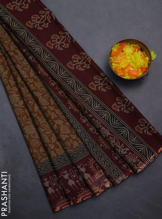 Muslin cotton saree mustard and maroon with allover kalamkari prints and printed border