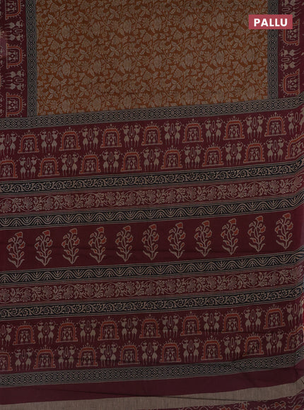 Muslin cotton saree mustard and maroon with allover kalamkari prints and printed border