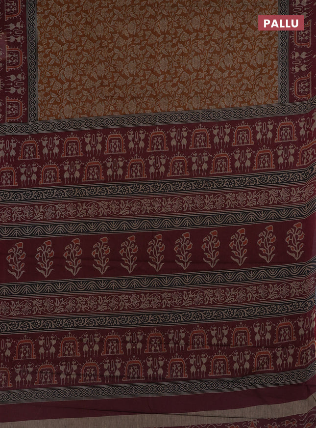 Muslin cotton saree mustard and maroon with allover kalamkari prints and printed border